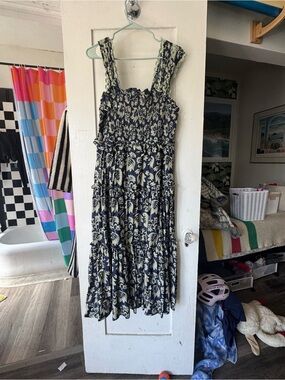 Sea NY Smocked Navy and Cream Floral maxi  Dress